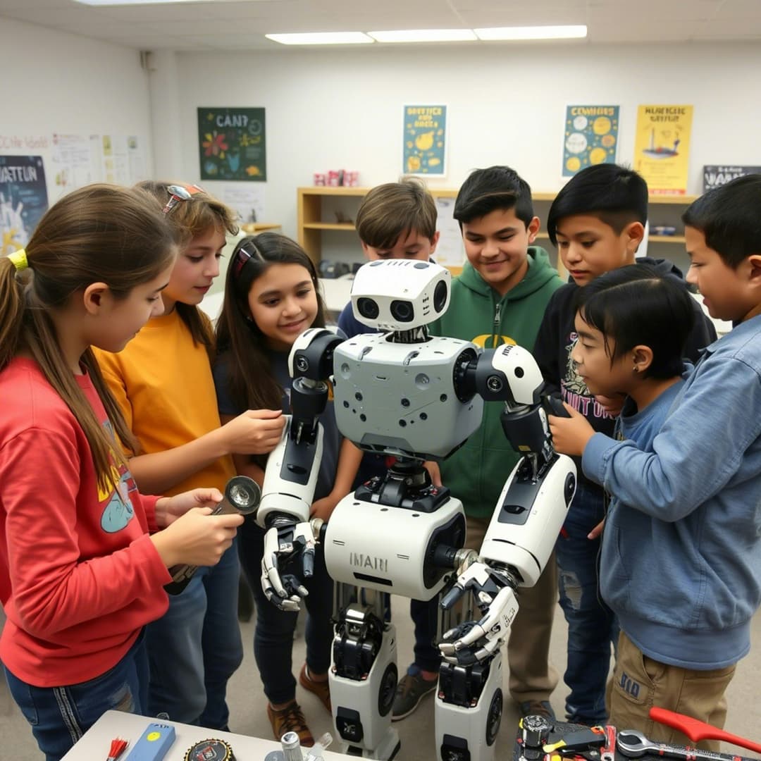 Students building robots in a lab