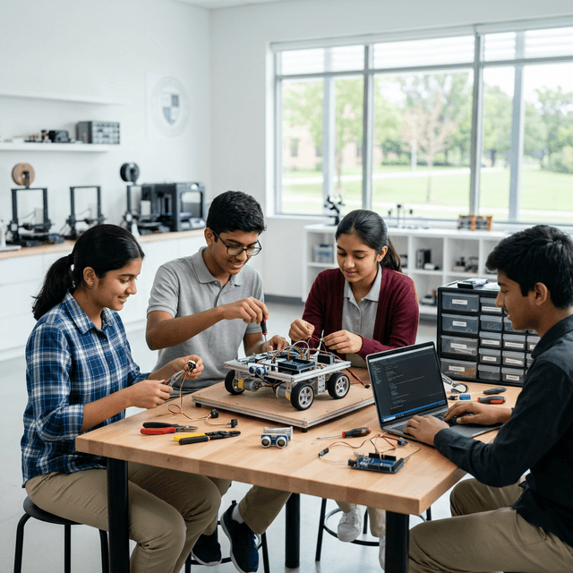 Students engaging with advanced robotics and AI learning tools provided by Scaleopal to solve Practical Implementation of NEP 2020