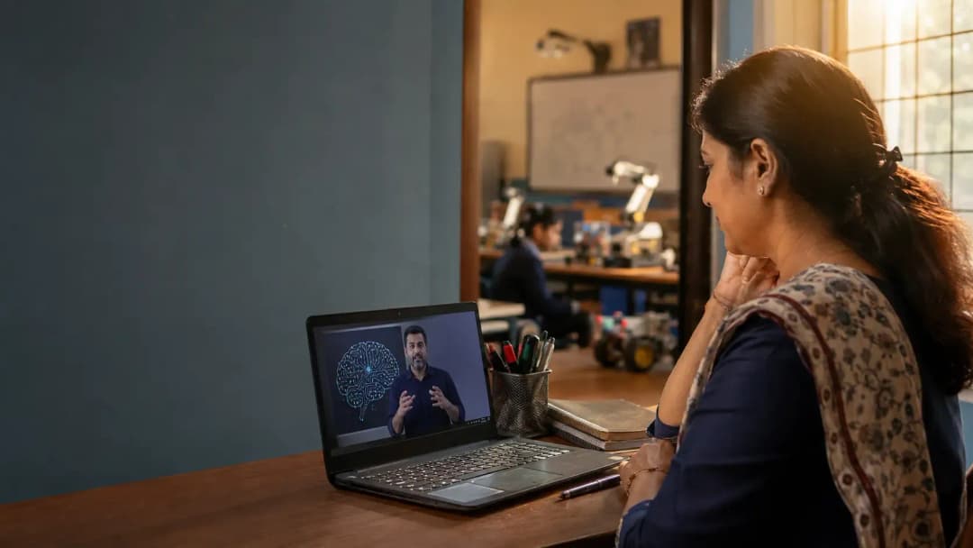 A teacher watching a live online AI training session on a laptop in a school staff room, with a physical AI lab visible through the doorway behind her