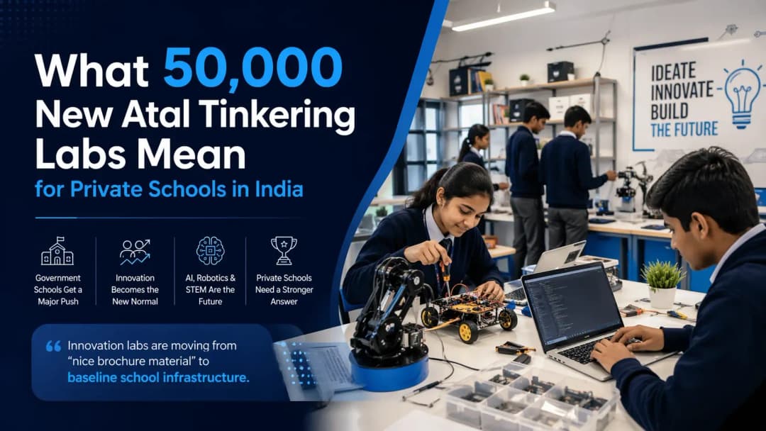 Students working inside a modern school innovation lab with robotics and computing equipment