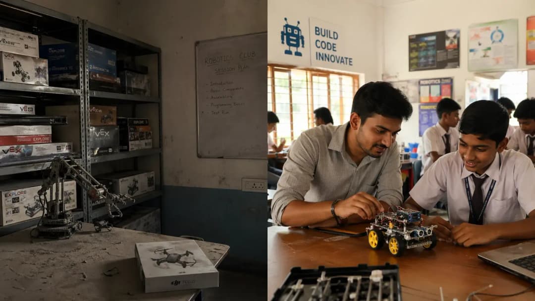 A robotics lab in an Indian school with equipment on shelves, unused and covered in dust