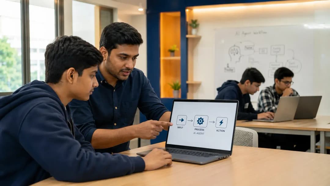 Students in a school AI lab working on a laptop-based AI agent project with a mentor