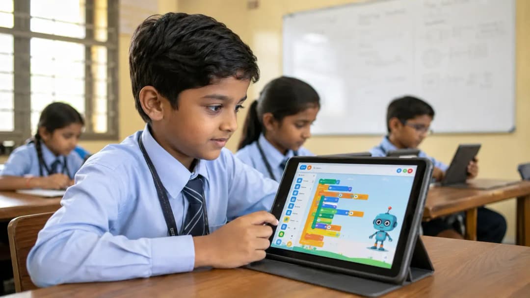 A young student at an ICSE school in Mumbai working with a block-based coding interface during a computer studies class