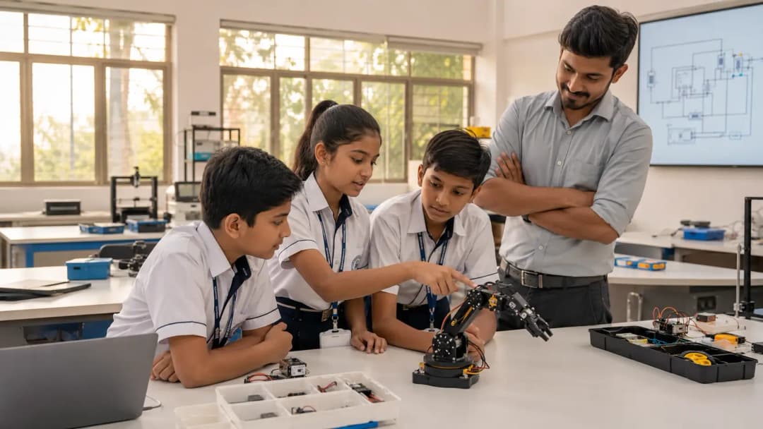 Students working on robotics and AI projects in a modern school innovation lab in Pune, Maharashtra