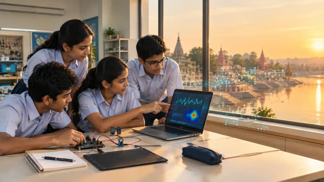 Students in a school lab building a sensor-based crowd counter, with the Godavari ghats of Nashik visible behind them
