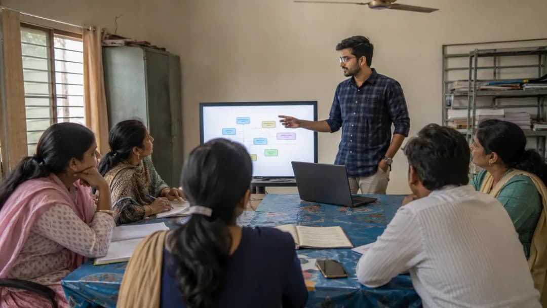 An Indian school principal and teacher reviewing AI use guidelines together in a classroom