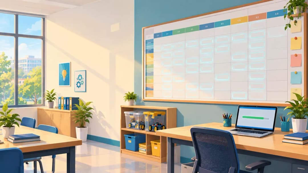 Illustration of a school timetable grid with many empty lab slots beside a laptop showing an online teacher training course