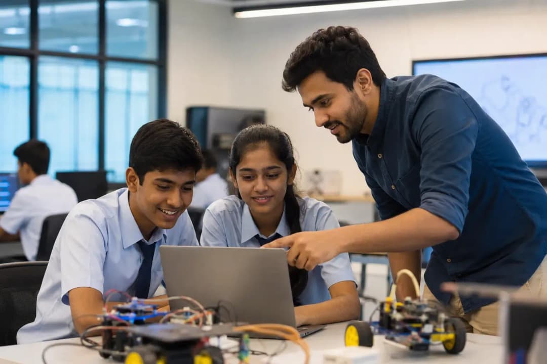 A CBSE secondary school classroom with students working on AI and coding projects on laptops