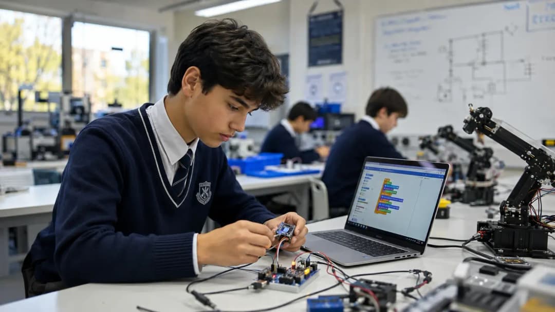 A student at an ICSE-affiliated school in Mumbai working with robotics components during a structured AI lab session