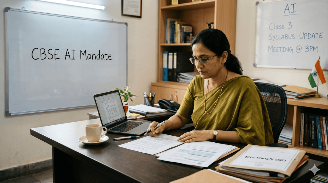 A school principal in Pune reviewing the CBSE AI and Computational Thinking curriculum mandate for 2026-27