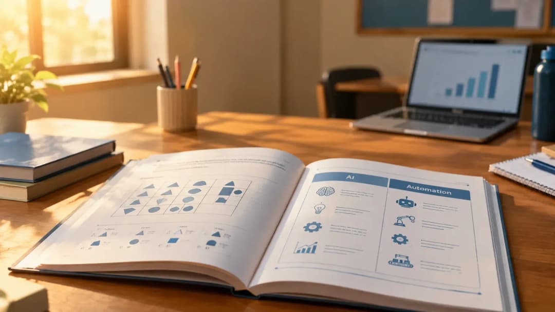 An open CBSE Computational Thinking and Artificial Intelligence resource book on a classroom desk with a laptop showing charts in the background