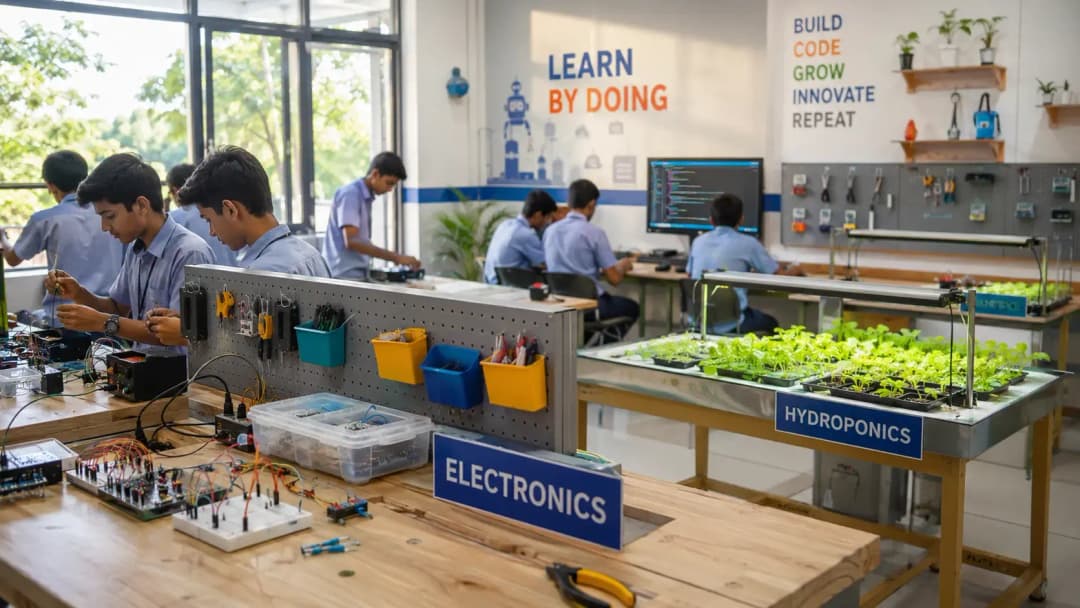 A CBSE Composite Skill Lab workstation set up with electronics, agriculture, and IT tools grouped by sector