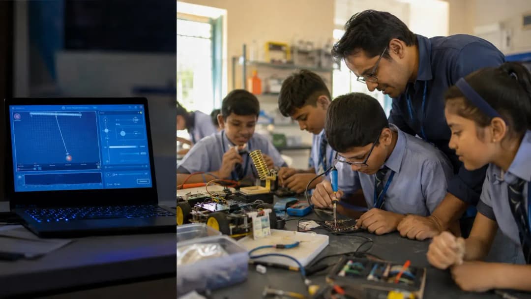 A CBSE school Composite Skill Lab with students working on physical robotics and electronics equipment, contrasted with a laptop showing a digital simulation