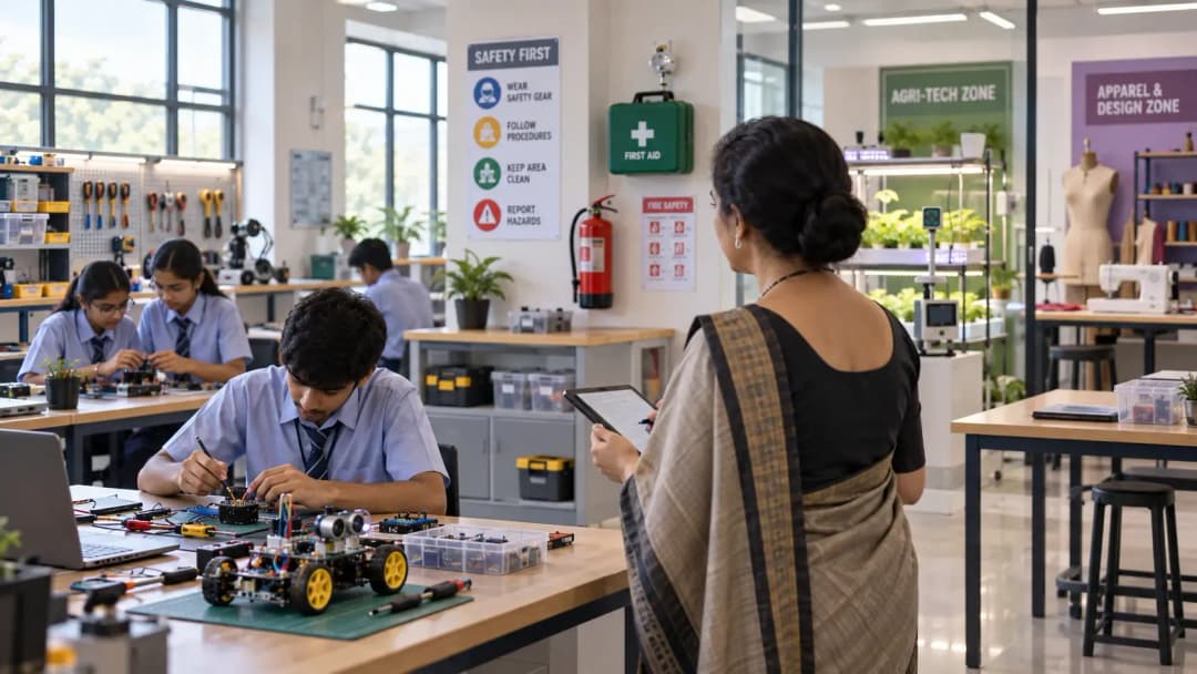 A checklist clipboard beside a school Composite Skill Lab with robotics and electronics workstations