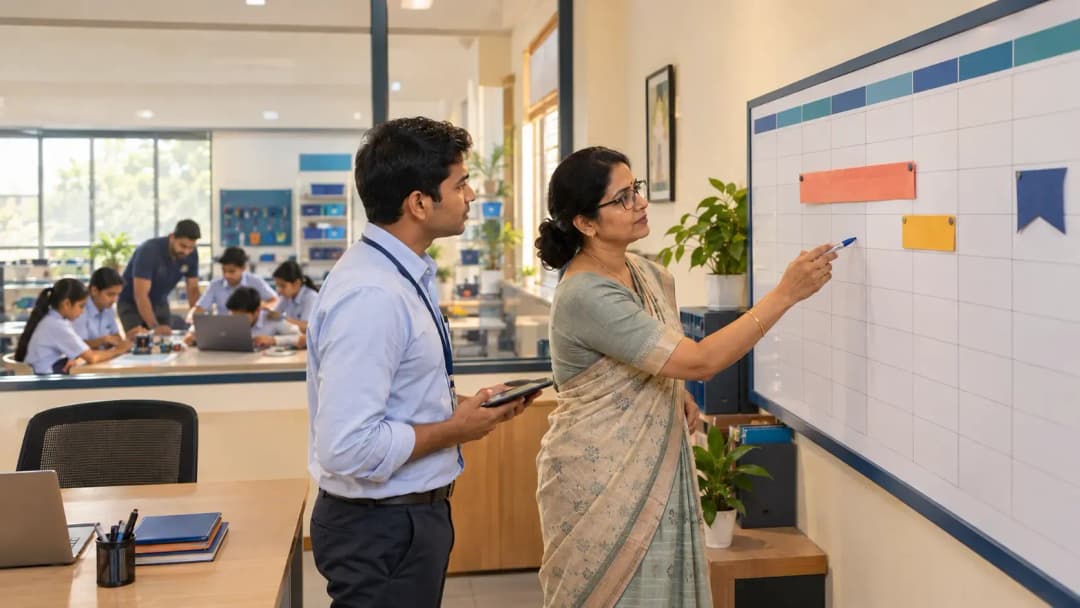A school principal's wall calendar running from October 2026 to August 2027, with board exam months shaded and a lab installation window highlighted