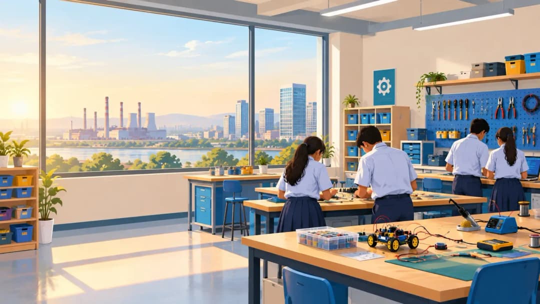 Illustration of a modular school skill lab with an electronics bench and tool pegboard, with Pune factories and glass office towers visible through the window