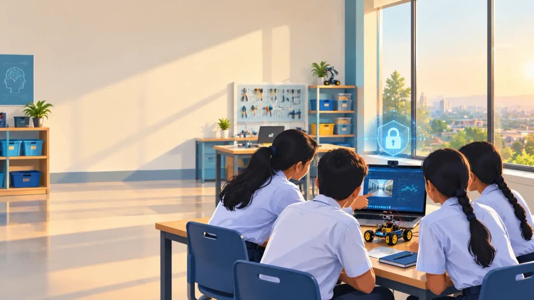 Illustration of a school AI lab where a laptop webcam and a glowing padlock icon sit beside students working on a robot project