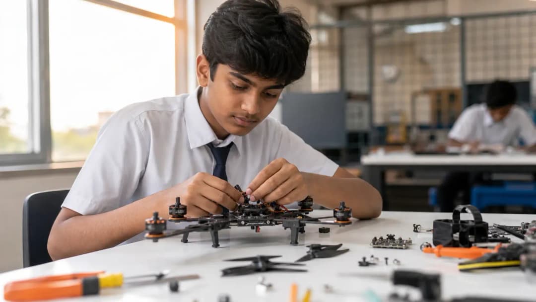 A student assembles a drone kit at a school lab workstation in India
