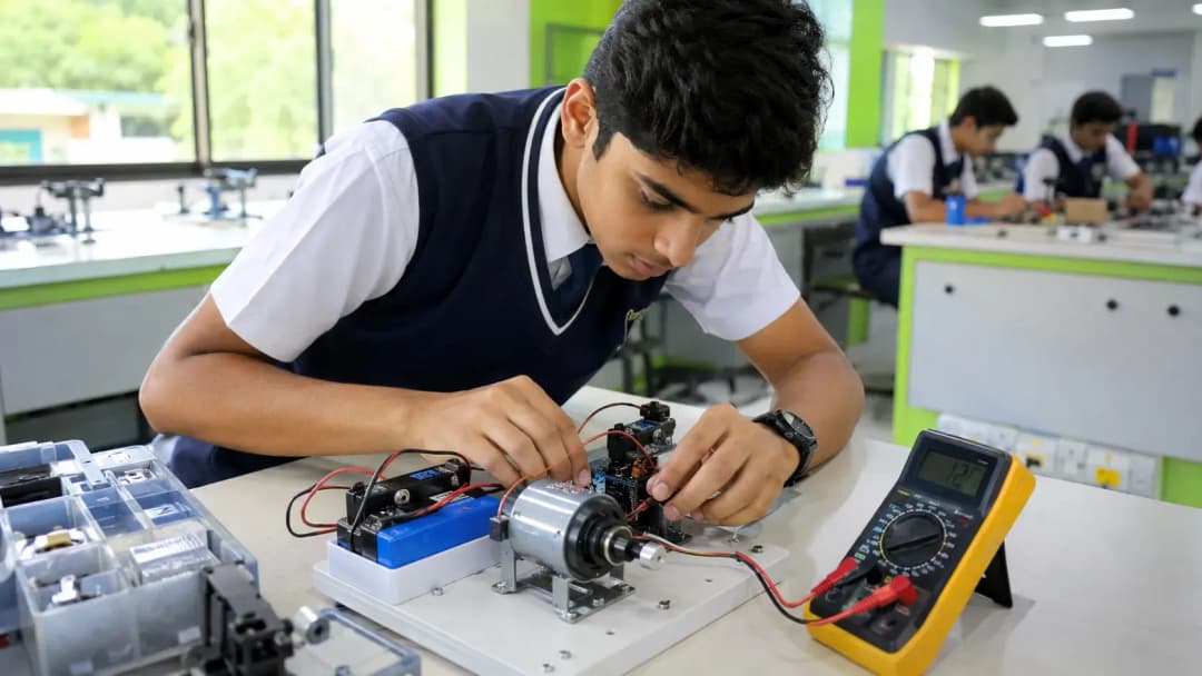 A student working on an electric vehicle motor assembly kit in a school innovation lab