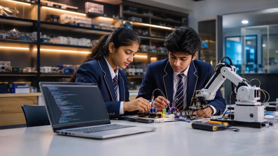 Students at an international school in India working on an AI and robotics lab project, with circuits and laptops on the table