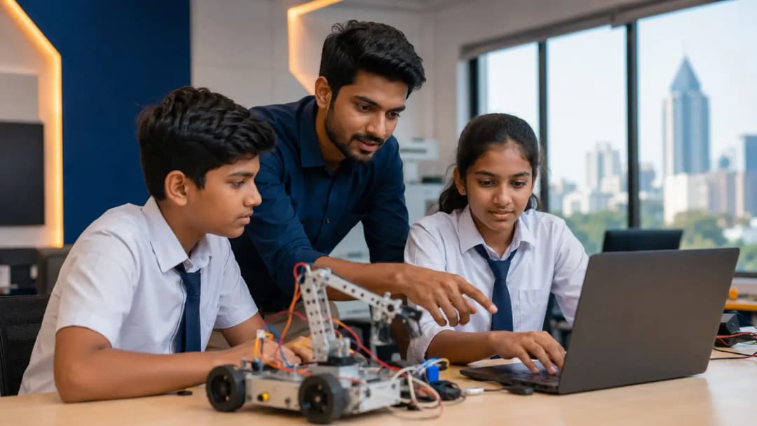 Students working on an AI and robotics lab session in a Mumbai school classroom