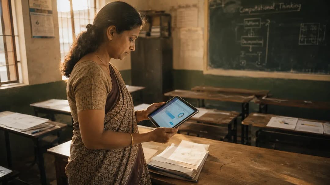 An Indian schoolteacher looking at a training module on a tablet in an empty classroom before students arrive