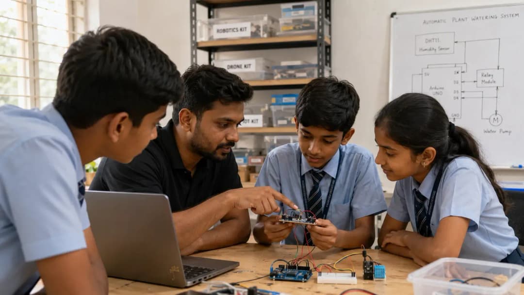 An on-campus lab trainer guiding Class 8 students through a robotics wiring exercise in a school innovation lab