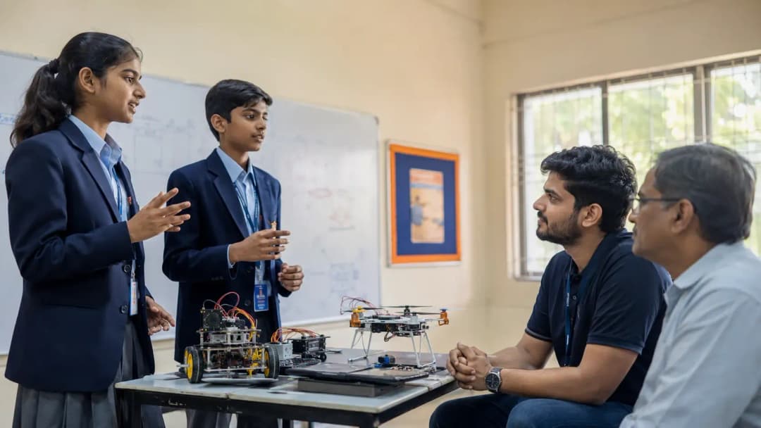 School students presenting a technology project to classmates in a classroom setting