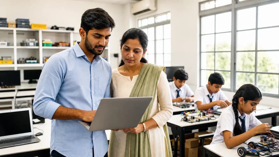 A teacher and an engineer working together in a school AI lab with students