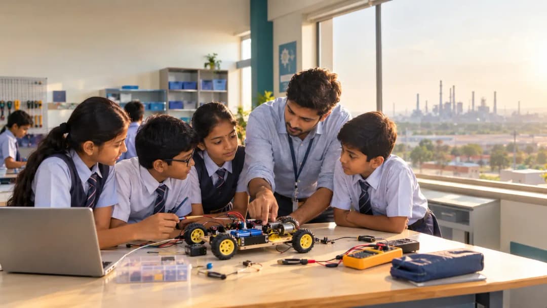 Class 6 students assembling a small electric vehicle model in a school AI lab with an on-campus engineer, with an industrial skyline visible through the window
