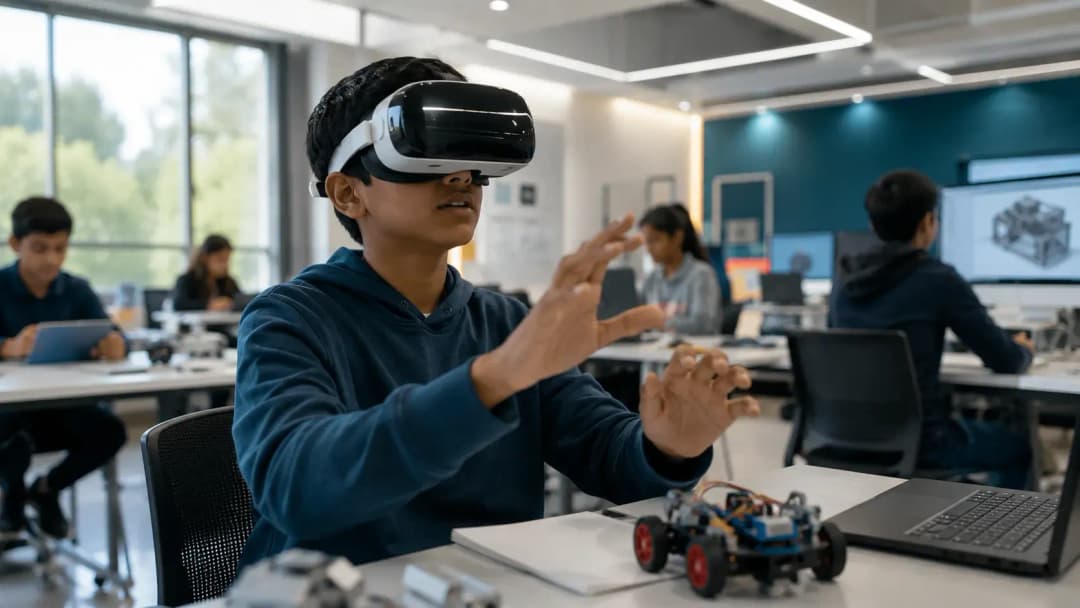 A student wearing a VR headset in a school innovation lab, exploring a 3D environment as part of an immersive STEM lesson