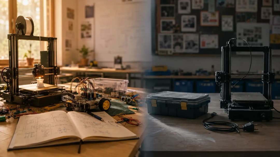A school Atal Tinkering Lab with robotics kits and 3D printers sitting unused on a shelf