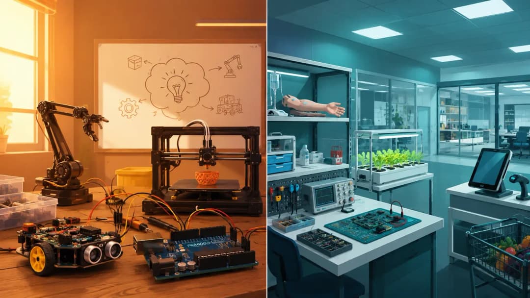 Split illustration comparing an Atal Tinkering Lab innovation space with a CBSE Composite Skill Lab classroom