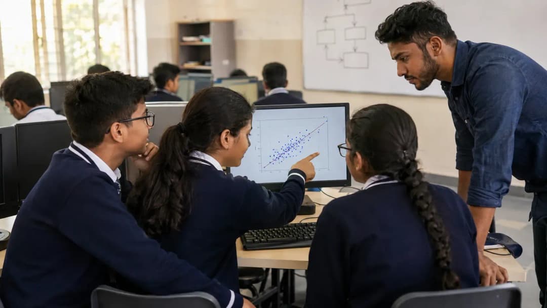 A CBSE secondary school classroom with students working on a computer-based AI project, representing the Class 9-10 CT and AI curriculum