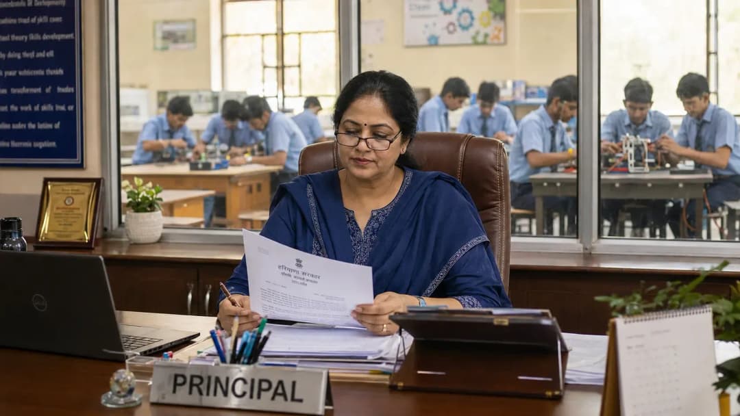 A school principal reviewing CBSE Composite Skill Lab guidelines at a desk with students working in a modern skills lab in the background