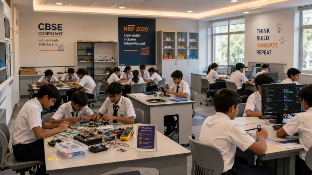 A well-equipped Composite Skill Lab in a CBSE school with students working on electronics and AI projects