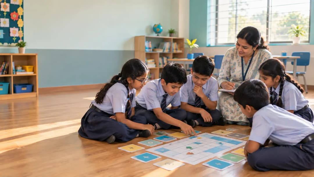 A teacher noting observations in a journal while Class 4 students solve a pattern puzzle in small groups on the classroom floor