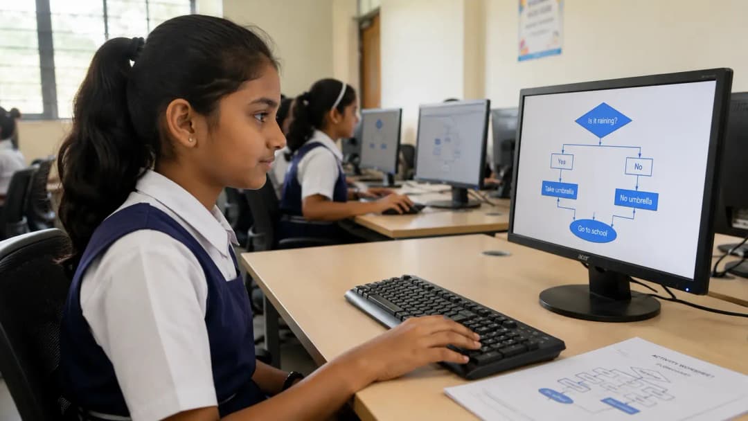 A Class 7 student working on an AI literacy activity at a computer workstation in a CBSE school lab