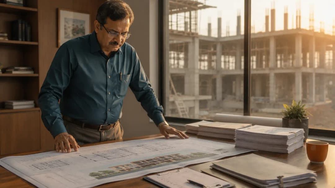 A trustee reviewing CBSE affiliation documents beside blueprints for a new school building