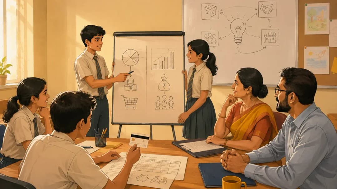 Students at a school workbench working through a mock business pitch and a digital banking exercise as part of a Composite Skill Lab activity