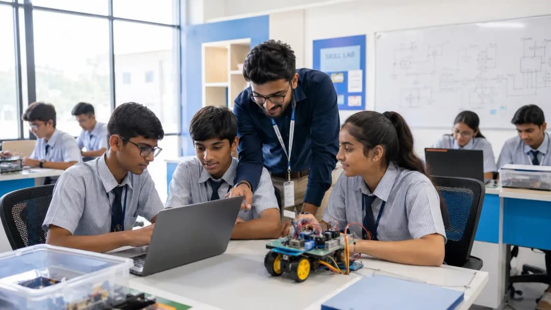 Students working at computers in a school AI lab set up for CBSE Composite Skill Lab compliance