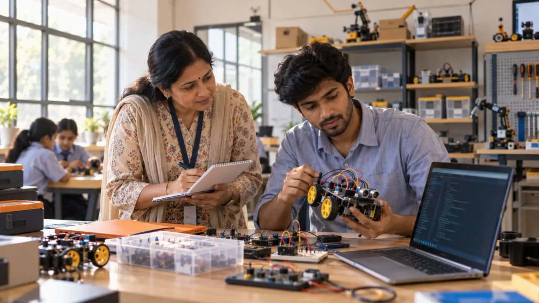 A teacher and an on-campus engineer reviewing a robotics kit together in a school skill lab