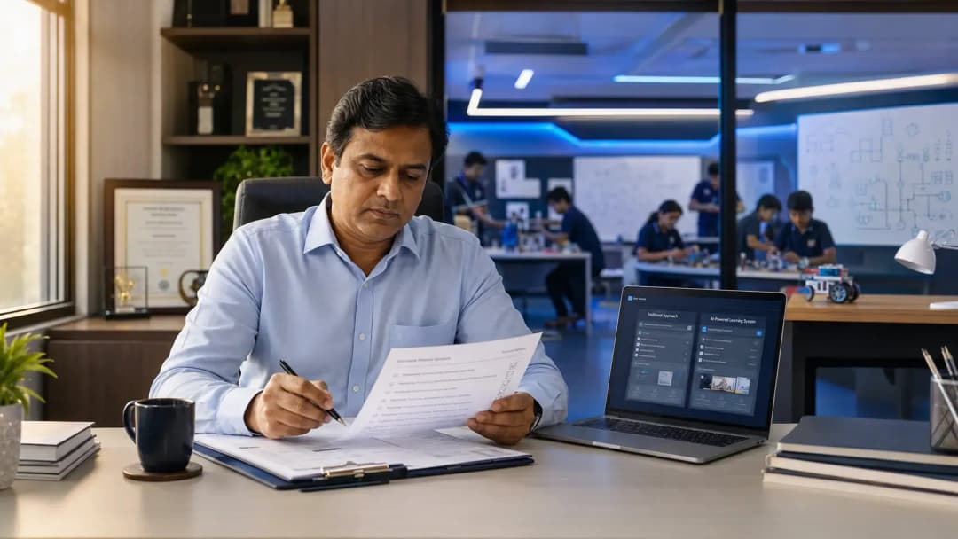 A school principal reviewing documents at a desk, evaluating options for setting up an AI and robotics lab at their school in India
