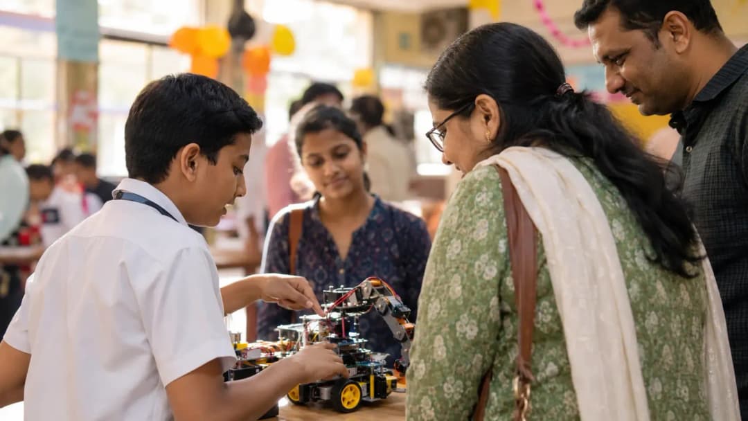 A student demonstrating a robotics project to visiting parents during a school open house in India