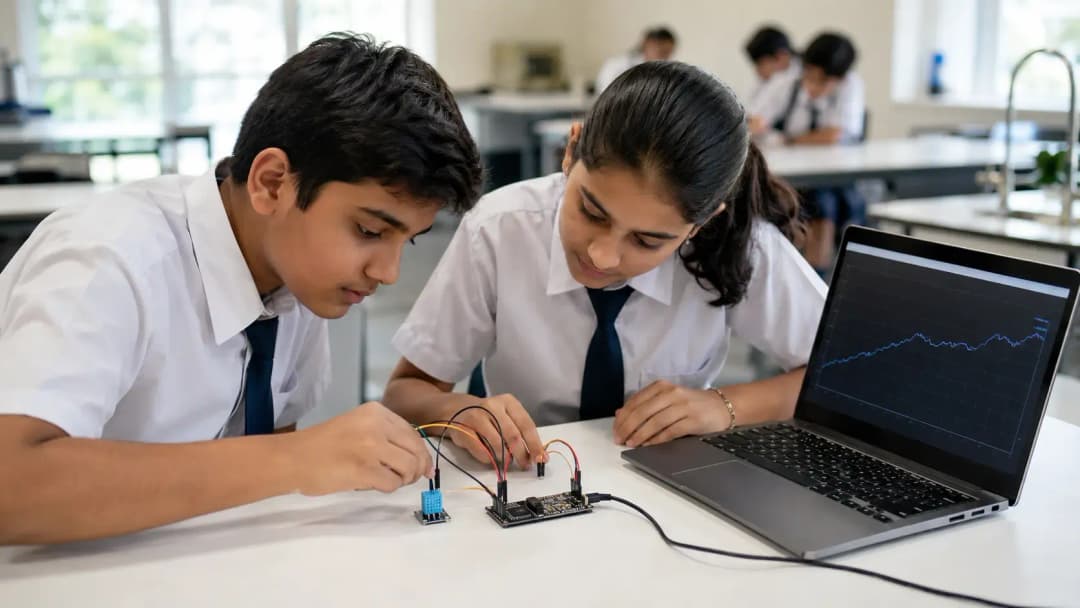 Two school students connecting sensors to a microcontroller on a workbench, with a laptop showing a live data dashboard in the background