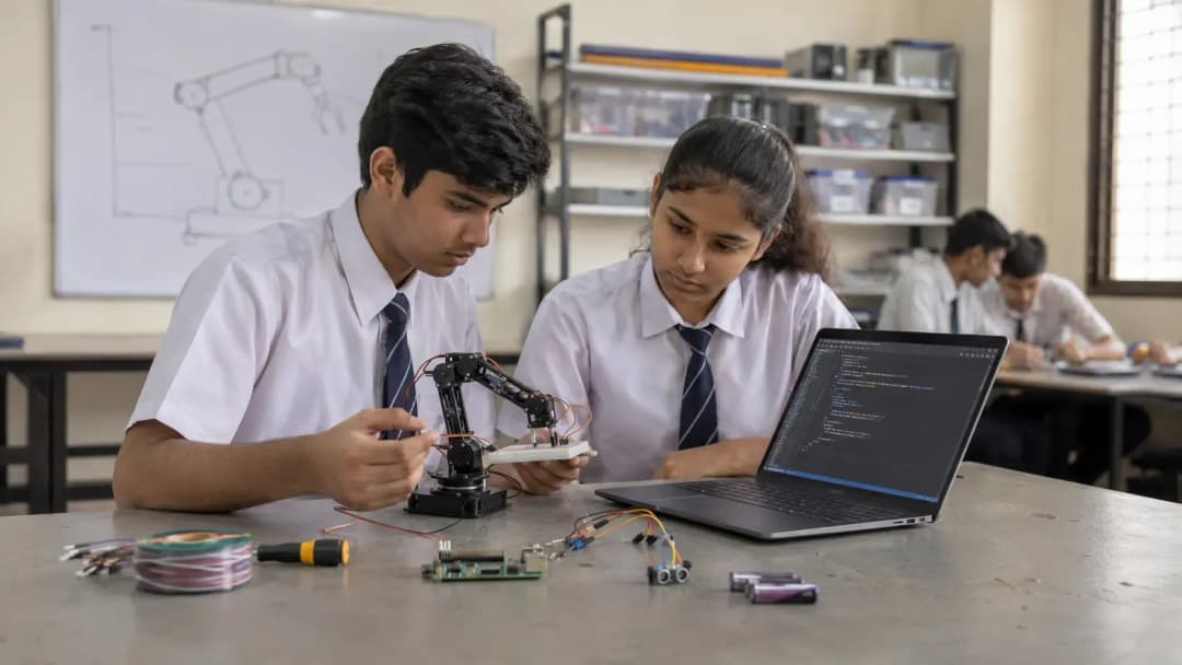 Senior secondary students working with sensors and a single-board computer in a school robotics lab