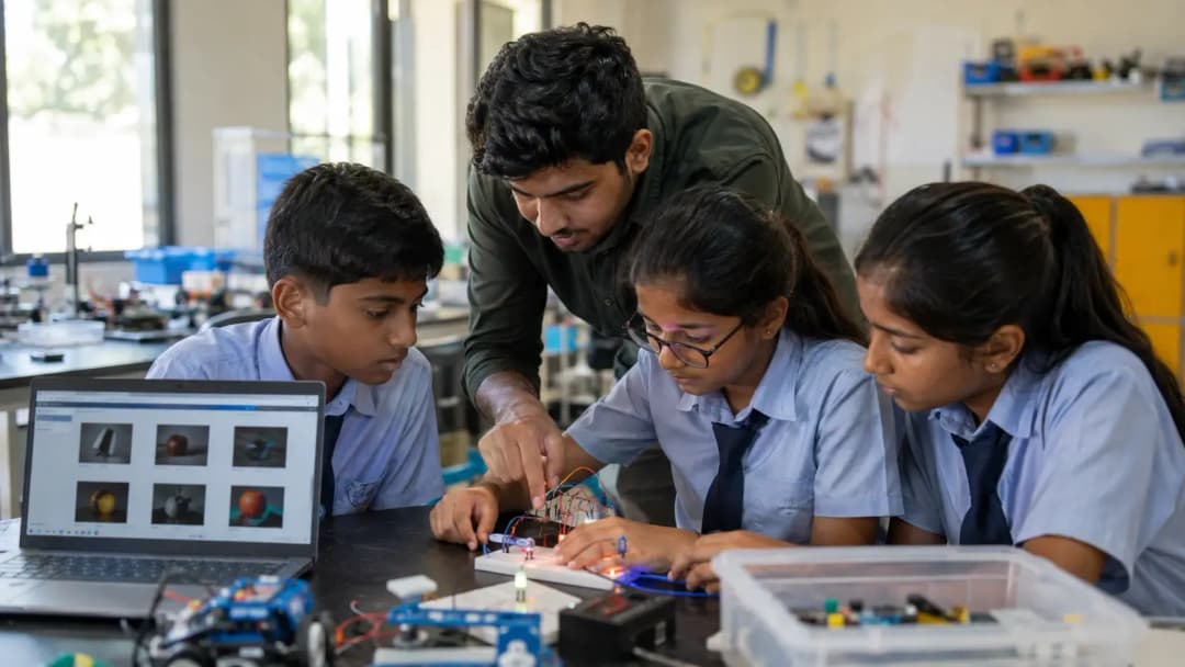 A middle school student in an Indian classroom building a simple AI-powered home automation project as part of Kaushal Bodh skill education