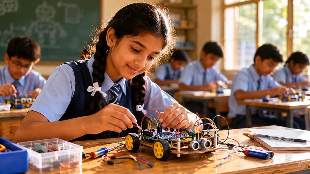 A student at a Maharashtra state board school working with a robotics kit during an innovation lab session
