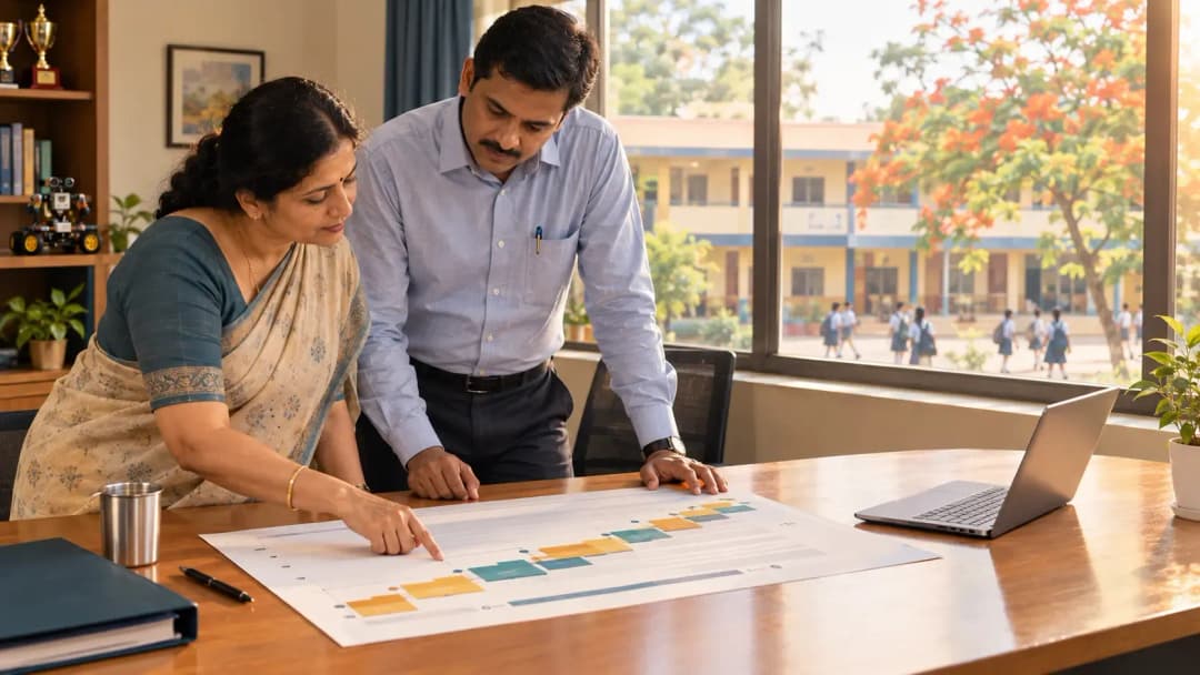 A school trustee and principal in Maharashtra reviewing a class-by-class textbook rollout calendar on a table