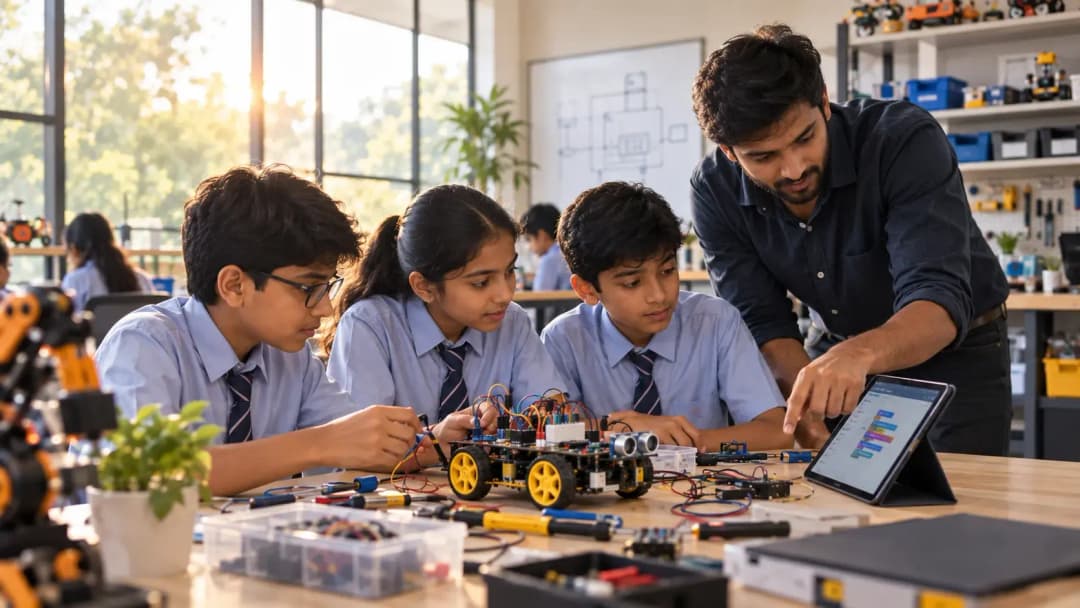 Students at a Nagpur school working with robotics kits in a modern AI lab